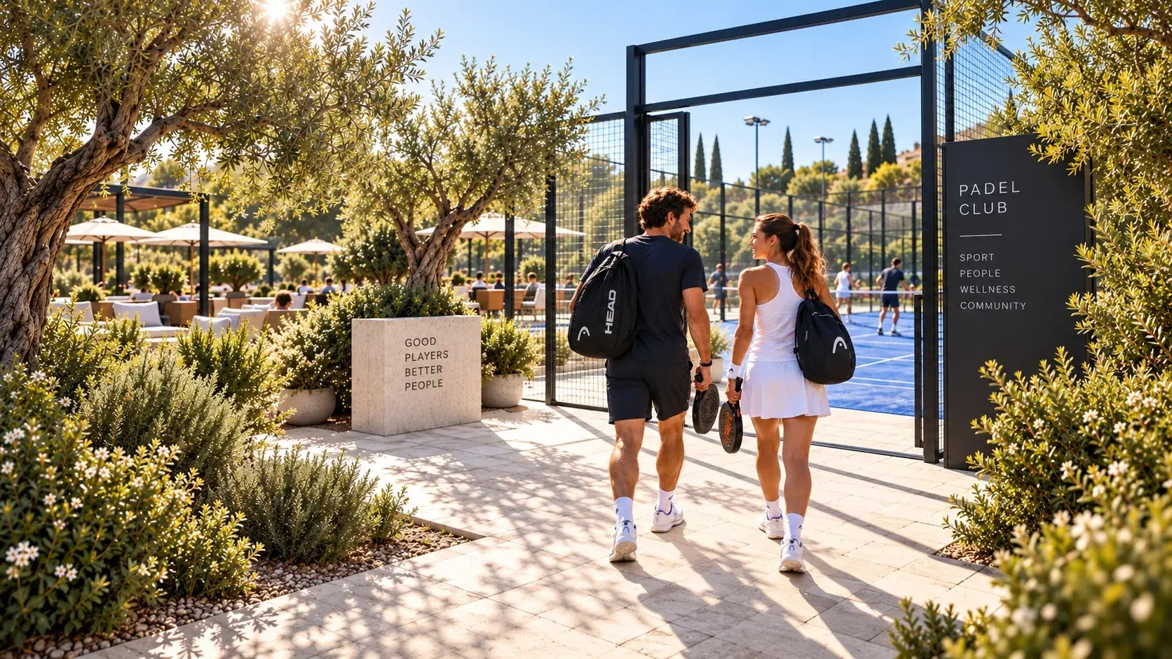 Una coppia con racchette e borse da padel entra in un club sportivo luminoso, tra ulivi e campi azzurri